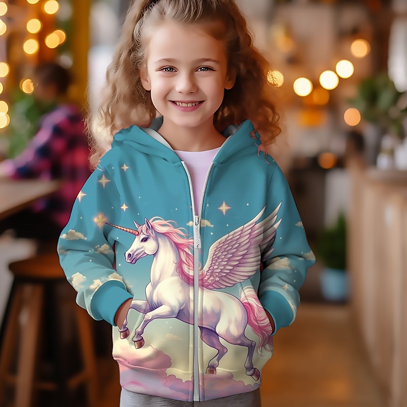Girls' 3D Unicorn Hoodie Coat Outerwear Long Sleeve 3D Print Fall Winter Active Fashion Cute Kids 3-12 Years Outdoor Casual Daily Regular Fit3