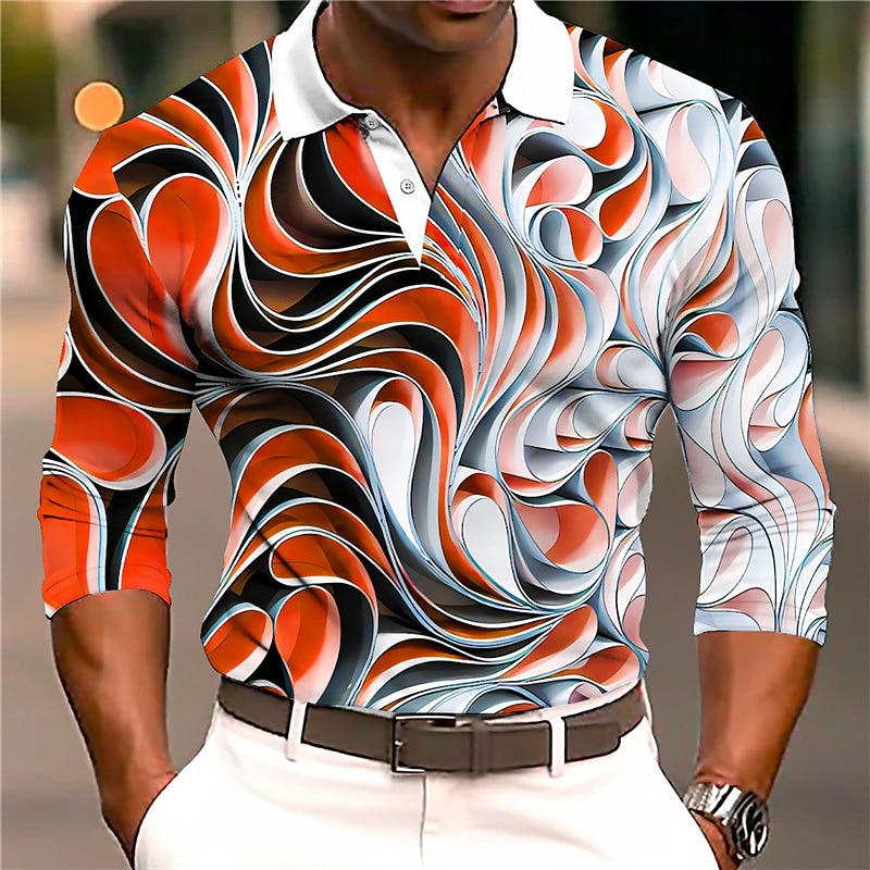 Men's Graphic Polo Shirts Golf Shirt Long Sleeve Polo Shirts Collared Shirts Casual Vacation Wear Rave Wear Party Outfits 3D Print Buttons Fall & Winter Blue Orange2