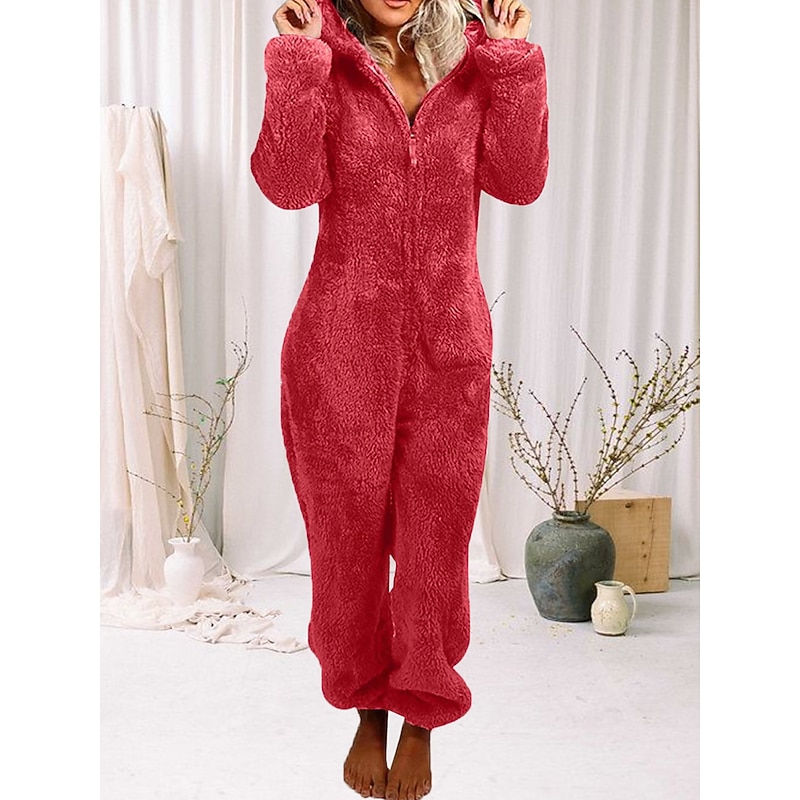 Women's Onesie Pajama Plush Fleece Bear Ear Hoodie Red Full-Length Winter Warmth Cozy Loungewear Zippered Sleepwear Casual Home Home Outfits2