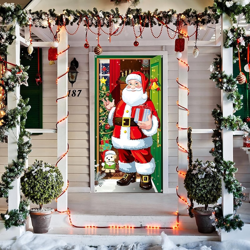 Christmas Door Cover Funny Santa Claus Elves Door Hanging Covers Santa Backdrop Christmas Background Banner for Christmas Party Decorations4