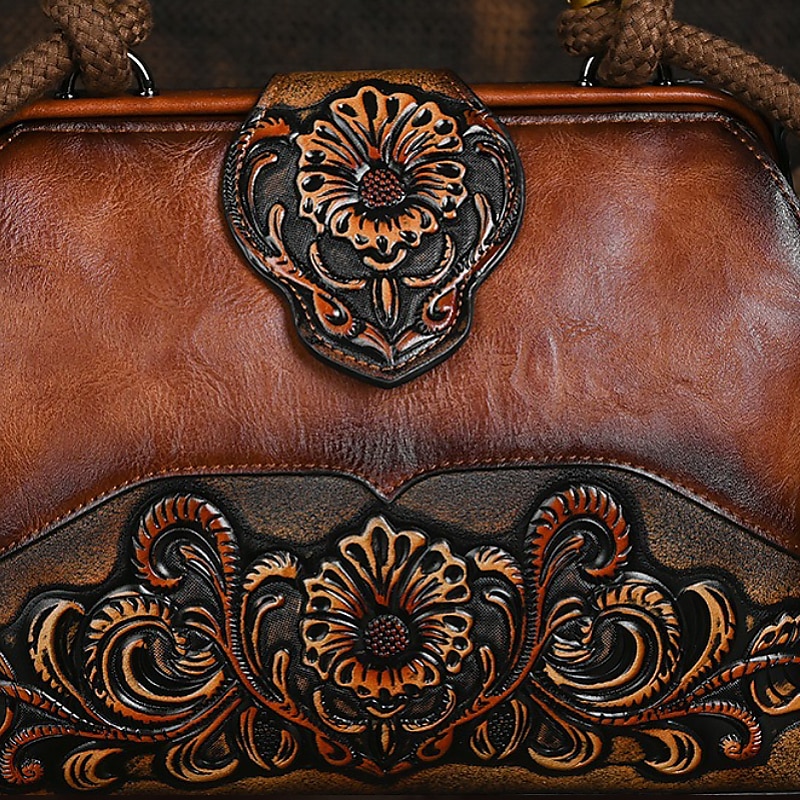 Women's Handbag Crossbody Bag Shoulder Bag Boston Bag PU Leather Party Daily Holiday Embossed Large Capacity Lightweight Durable Color Block Flower Folk dark brown claret ArmyGreen4