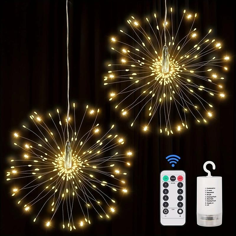 1/2 Pcs Firework Lights 200 LED Copper Wire Starburst Light, 8 Modes Battery Operated Fairy Star Sphere Lights With Remote, Warm White Hanging Ceiling Decorations For Bedroom, Christmas, Party