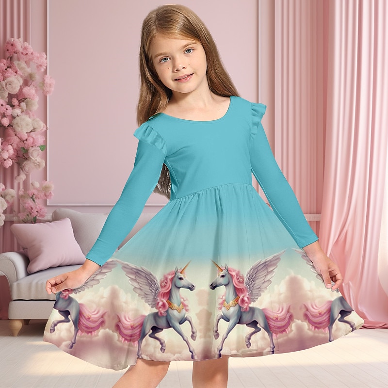 Girls' 3D Galaxy Unicorn Ruffle Dress Long Sleeve 3D Print Fall Winter Vacation Sports & Outdoor Daily Cute Casual Beautiful Kids 4-12 Years Casual Dress A Line Dress Above Knee Regular Fit
