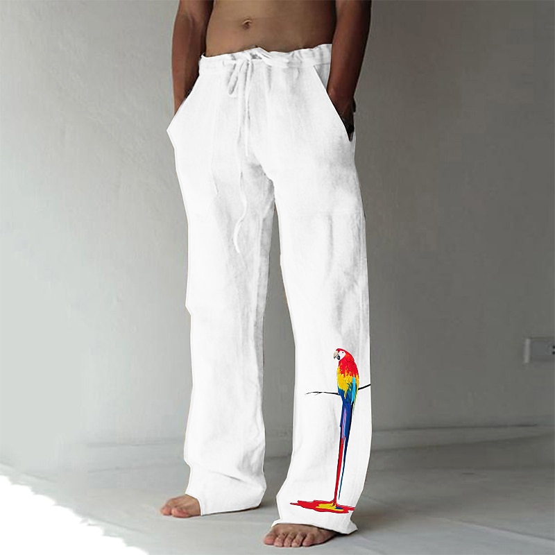Men's Trousers Summer Pants Beach Pants Elastic Drawstring Design Front Pocket Straight Leg Bird Graphic Prints Soft Outdoor Casual Daily For Vacation Fashion Streetwear White Green