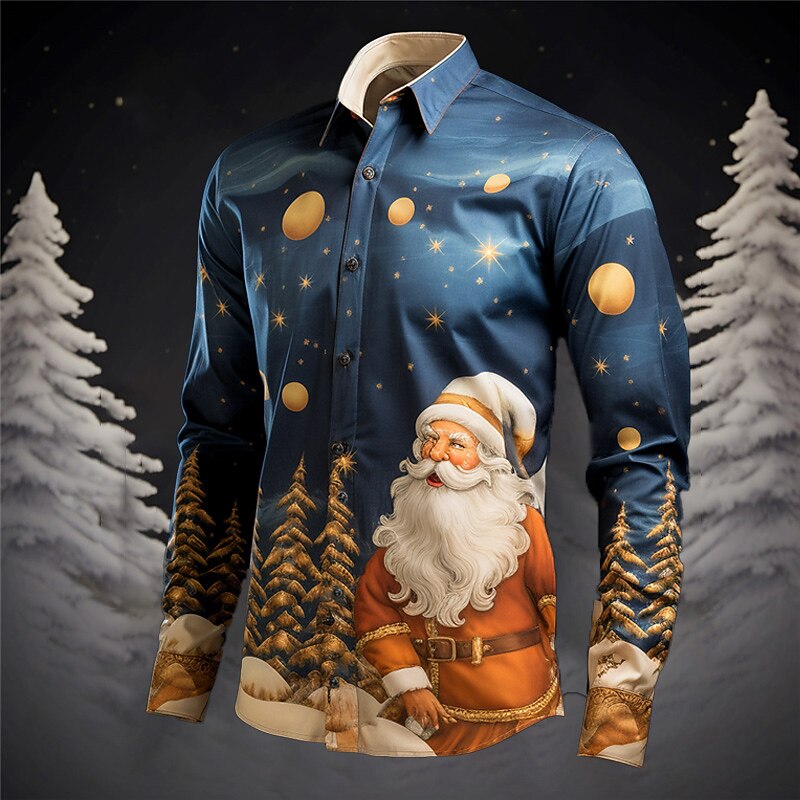 Men's Santa Claus Christmas Tree Shirt Long Sleeve Casual Christmas Daily Wear Going out Fall & Winter Turndown Print Button-Down Gray+Purple Yellow Red Dark Navy Royal Blue3