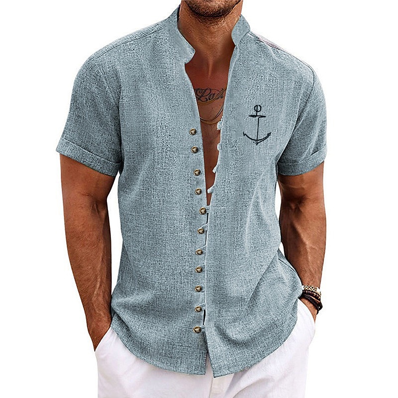 Men's Nautical Anchor Shirt Button Up Shirt Short Sleeve Fashion Streetwear Designer Outdoor Vacation Daily Summer Spring Stand Collar Print Blue Green Khaki Gray Light Blue