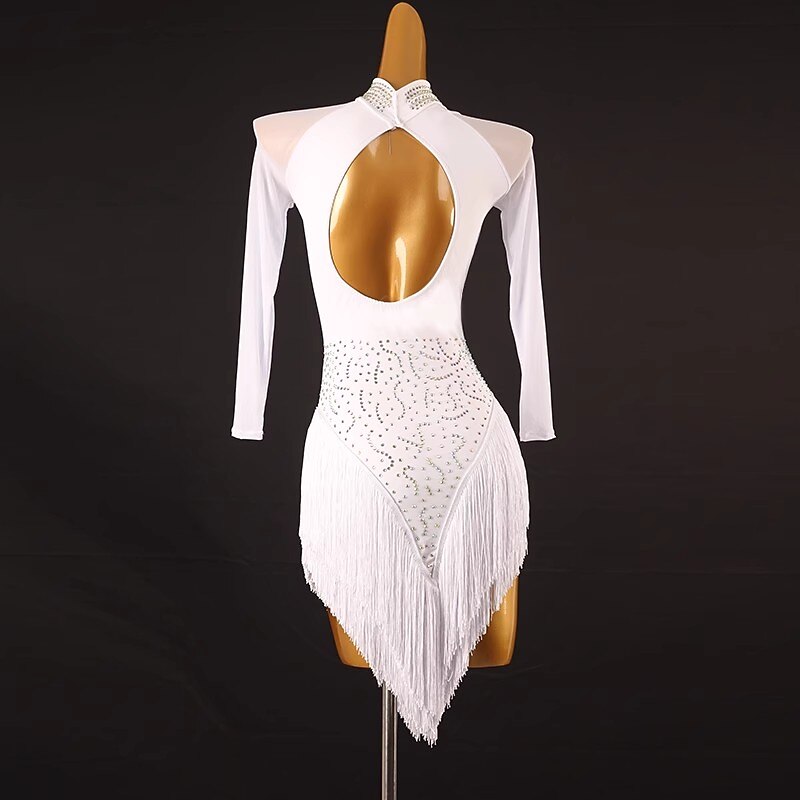 Dance Salsa Latin Dance Dress Tassel Pure Color Splicing Women's Performance Training Long Sleeve Chinlon Mesh Spandex2