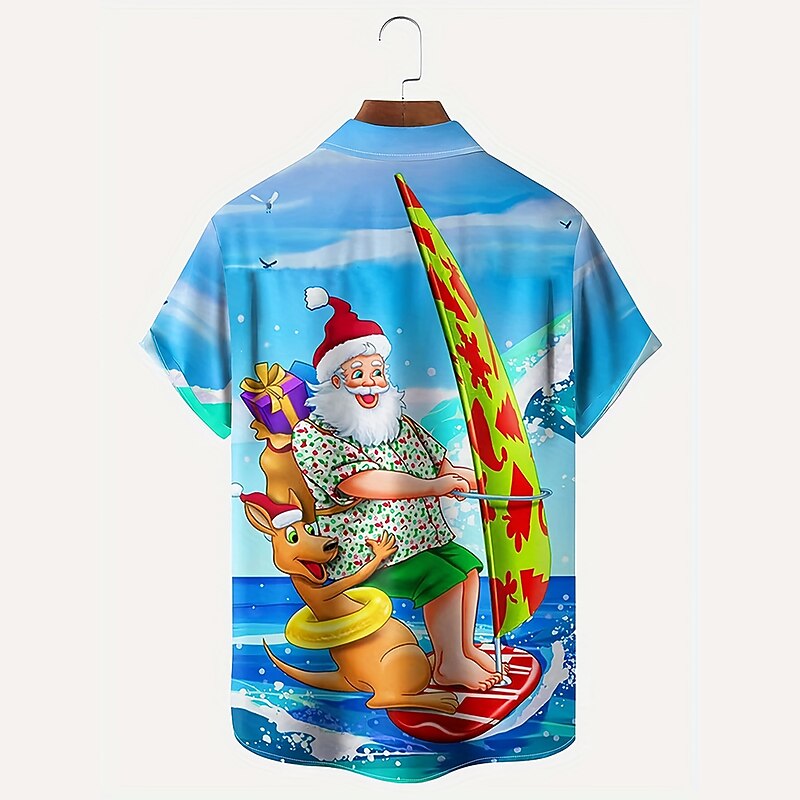 Christmas Men's Santa Claus Hawaiian Shirt Santa Claus Surfing Casual Aloha Outdoor clothing Daily Wear Streetwear Fall Turndown Short Sleeve Blue S M L Normal2