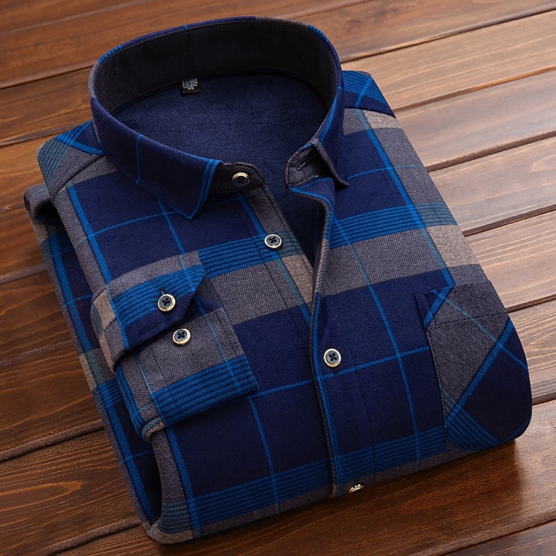 Men's Dress Shirt Plaid Shirt Collared Shirt Fleece Shirt Button Up Shirt Overshirt Plaid / Check Wedding Party A B C D Long Sleeve Square Neck Winter Clothing Apparel Warm4