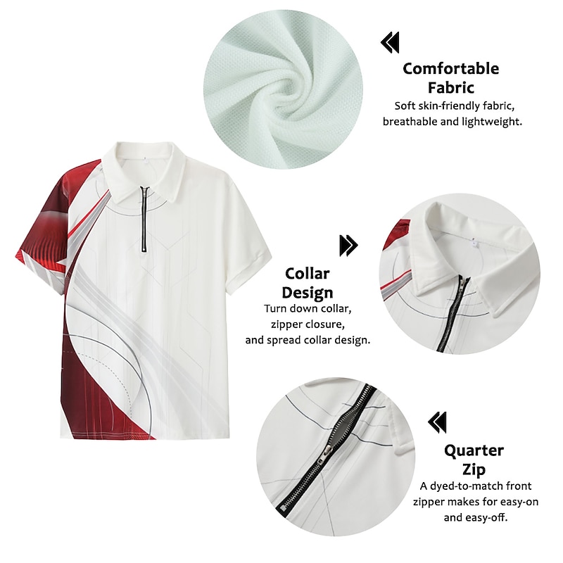 Men's Geometric Zip Polo Shirts Golf Shirt Short Sleeve Polo Shirts Collared Shirts Business Casual Vacation Wear Formal Wear Festival Wear 3D Print Quarter Zip Polo Yellow Army Green Red2