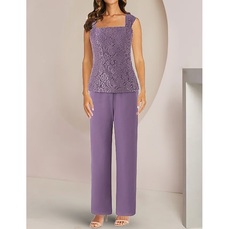 Pantsuit 3 Piece Mother of the Bride  Formal Wedding Guest Elegant Square Neck Ankle Length Chiffon Lace Half Sleeve with Appliques3