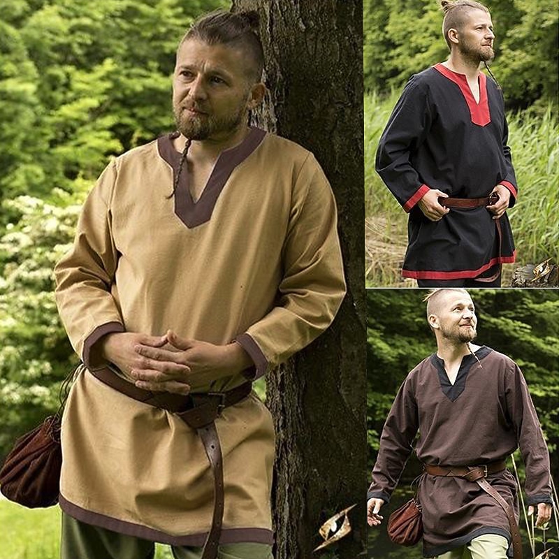 Retro Vintage Medieval Renaissance Blouse / Shirt Tunic Pirate Warrior Knight Ritter Solid Color Fancy Dress Men's Viking Fantasy Halloween Carnival Masquerade Halloween Masquerade LARP Adults' Shirt