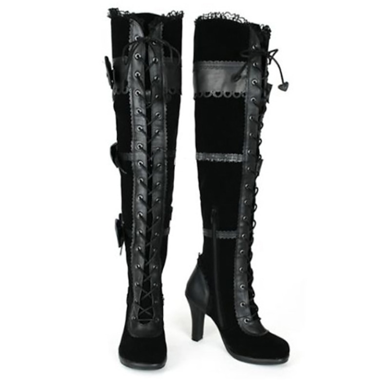 Women's Gothic Over-the-Knee Lace-Up Boots – Black Velvet Lolita Heels with Satin Bows for Halloween, Cosplay, and Vintage-Inspired Parties4