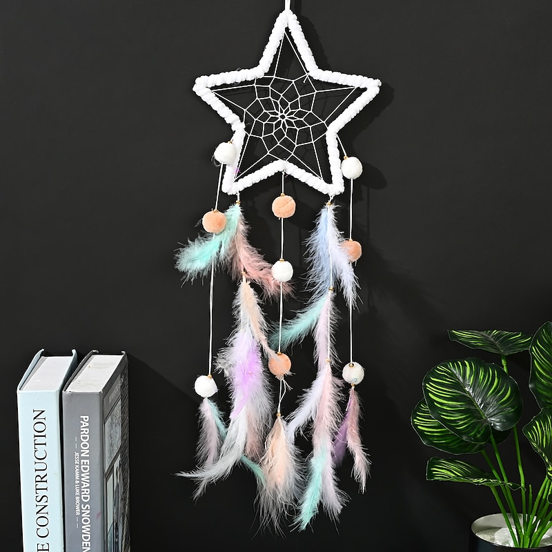 1pc Dream Catcher Handmade Gift Feather Hook Star Pattern Wind Chime with One Circles Ornament Wall Hanging Decor Art Boho Style Without Light3