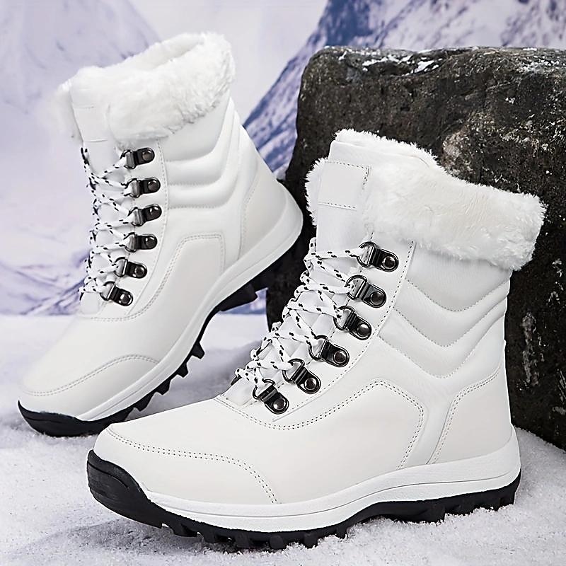 Women's White Winter Snow Boots with Faux Fur Lining and Lace-Up Design - Waterproof and Insulated Cold Weather Footwear