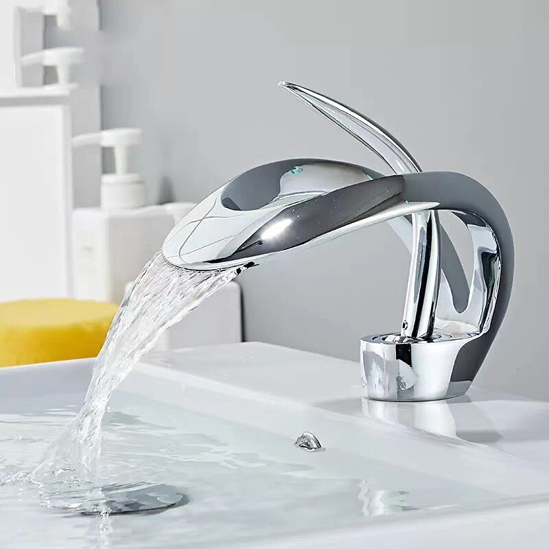 Waterfall Bathroom Sink Faucet, Centerset Curved Single Handle One Hole Bath Taps with Hot and Cold Water Switch, Ceramic Valve Insides3