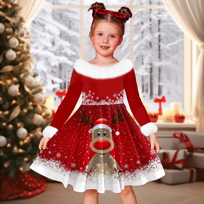 Christmas Girls' 3D Elk Snowman Snowflake Christmas Dress Dress Snowflake Dress Long Sleeve 3D Print Fall Winter Sports & Outdoor Daily Holiday Cute Casual Beautiful Kids 3-12 Years Casual Dress3