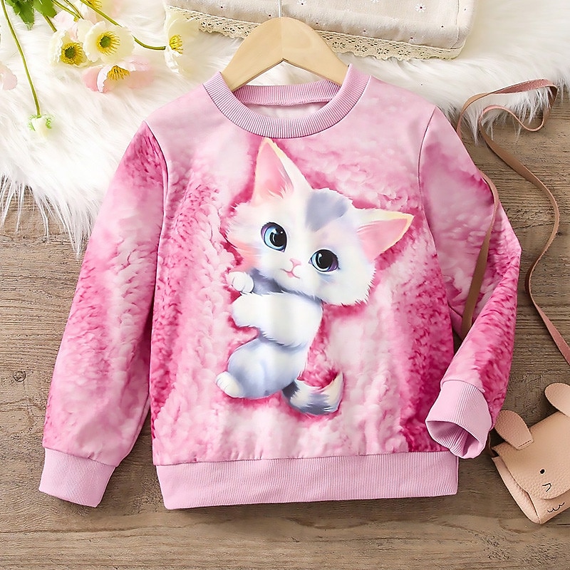 Girls' 3D Cat Sweatshirt Pullover Pink Long Sleeve 3D Print Fall Winter Fashion Streetwear Adorable Kids 3-12 Years Crew Neck Outdoor Casual Daily Regular Fit