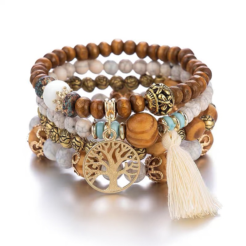 Women's Bead Bracelet Vintage Bracelet Layered Fashion Tree of Life Flower Elegant Fashion Personalized Tassel Bohemian Alloy Bracelet Jewelry For Gift Holiday Date Beach Festival