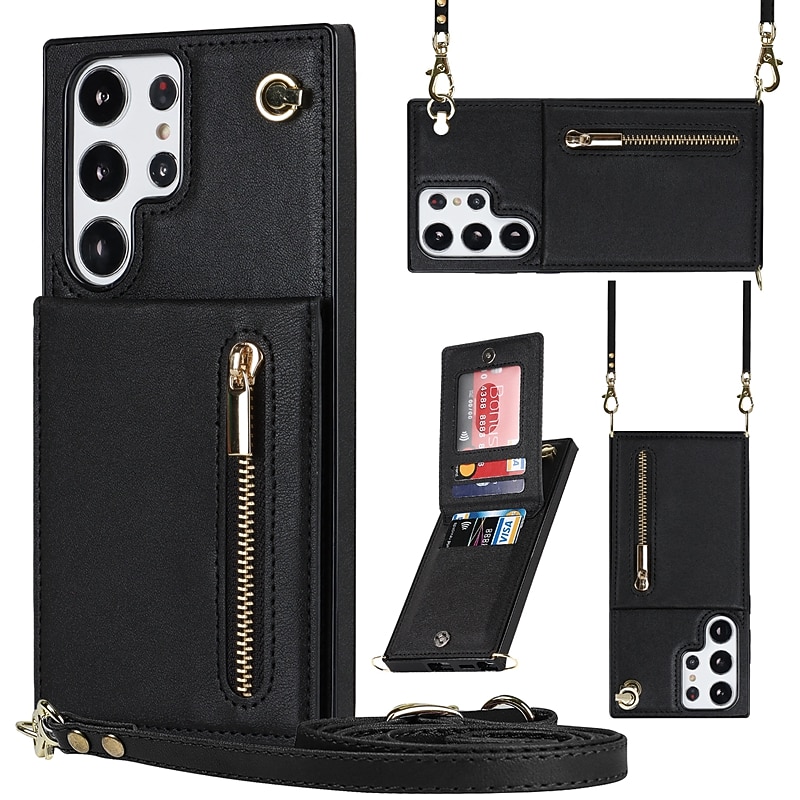 Phone Case For Samsung Galaxy S25 S24 S23 S22 S21 FE S21 Ultra Plus Back Cover Wallet Case with Stand Holder Zipper with Lanyard TPU PU Leather