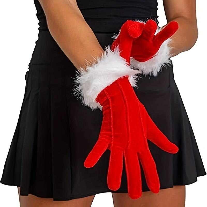 Christmas Red Short Gloves Santa Calus Mrs.Calus Party Decoration Velvet with White Faux Fur Accessories New Years Cosplay Costume
