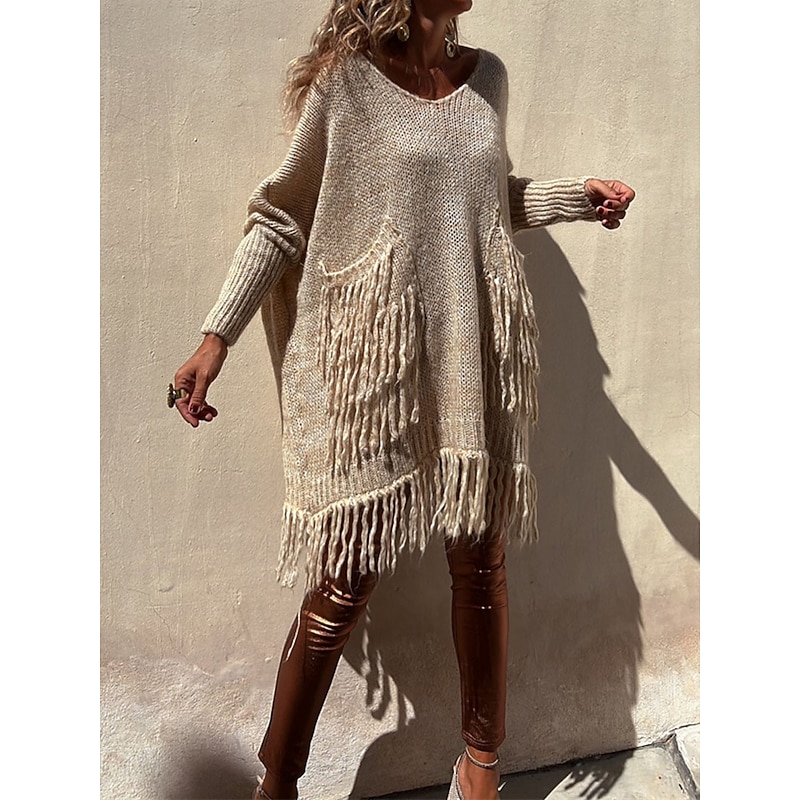 Women's Pullover Sweater Jumper Fashion Streetwear Casual Solid Color Ribbed Crew Neck Pocket Tassel Knitted Long Sleeve Long Tops Knit Outdoor Daily Going out Camel Green Fall Winter
