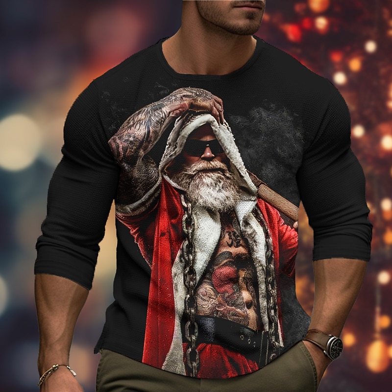 Christmas Men's Graphic Santa Claus T Shirt Long Sleeve T shirt 3D Print Crew Neck Shirt Fashion Designer Casual Sports Outdoor Holiday Going out Black Burgundy Dark Green Spring &  Fall Clothing