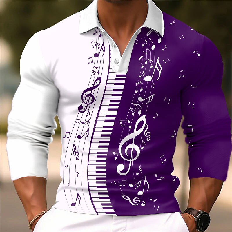 Music Festival Men's Music Polo Shirts Golf Shirt Long Sleeve Polo Shirts Collared Shirts Casual Vacation Wear Festival Wear Party Outfits 3D Print Buttons Fall & Winter Black Wine Blue4