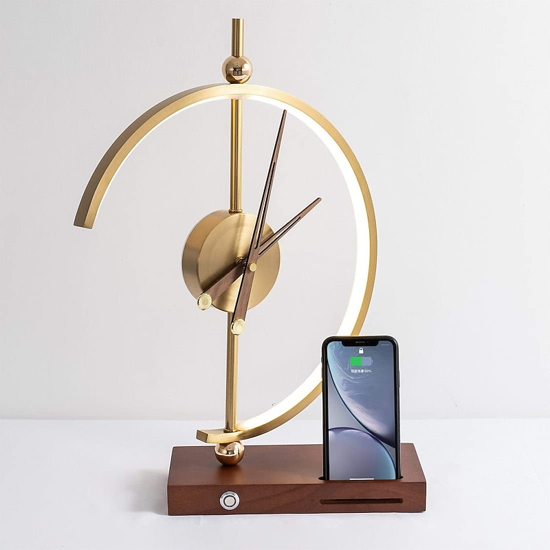Golden Time' Smart Clock Table Lamp Wireless Charger with USB Port for Home Office and Hotel Golden Analog Clock with Wooden Hands Dimming LED Light Phone Stand and Charger4