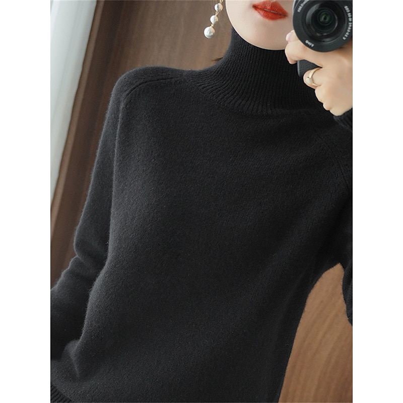 Women's Pullover Sweater Jumper Stylish Casual Soft Solid Color Ribbed Turtleneck Oversized Long Sleeve Regular Tops Knit Outdoor Valentine's Day Daily Black White Fall Winter2