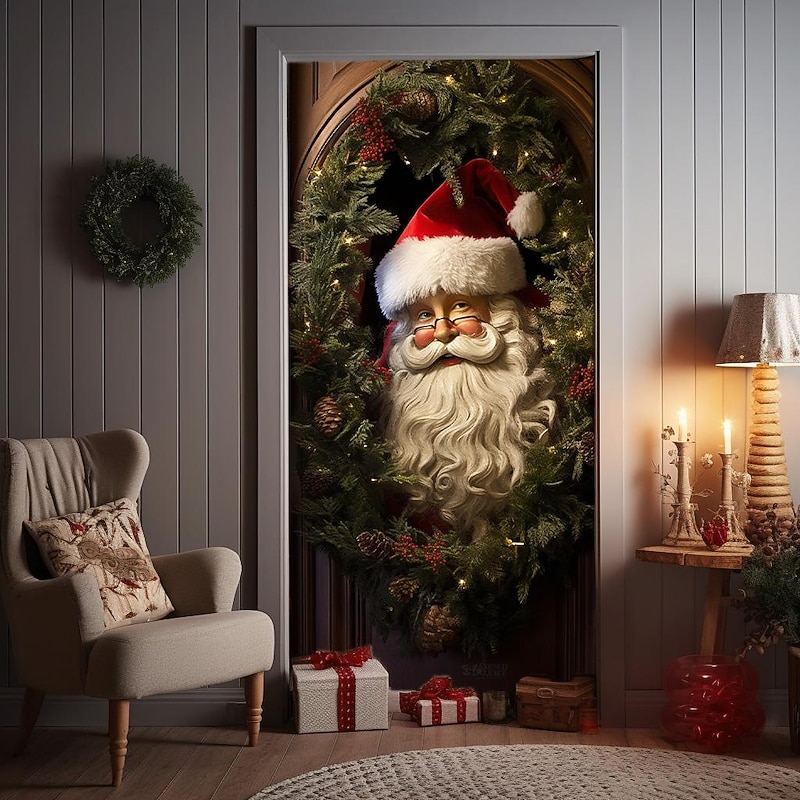 Christmas Door Decorations Santa Wreath Door Covers Door Tapestry Door Curtain Decoration Xmas Backdrop Door Banner for Front Door Holiday Party Decor Supplies2