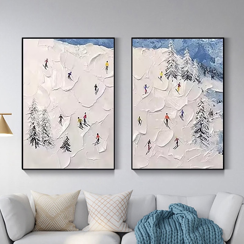 Ski Sport Painting on Canvas Winter Painting Handpainted Texture Wall Art Skier on Snowy Mountain Art White Snow Landscape Painting For Home Room Decor Stretched Frame Ready to Hang2