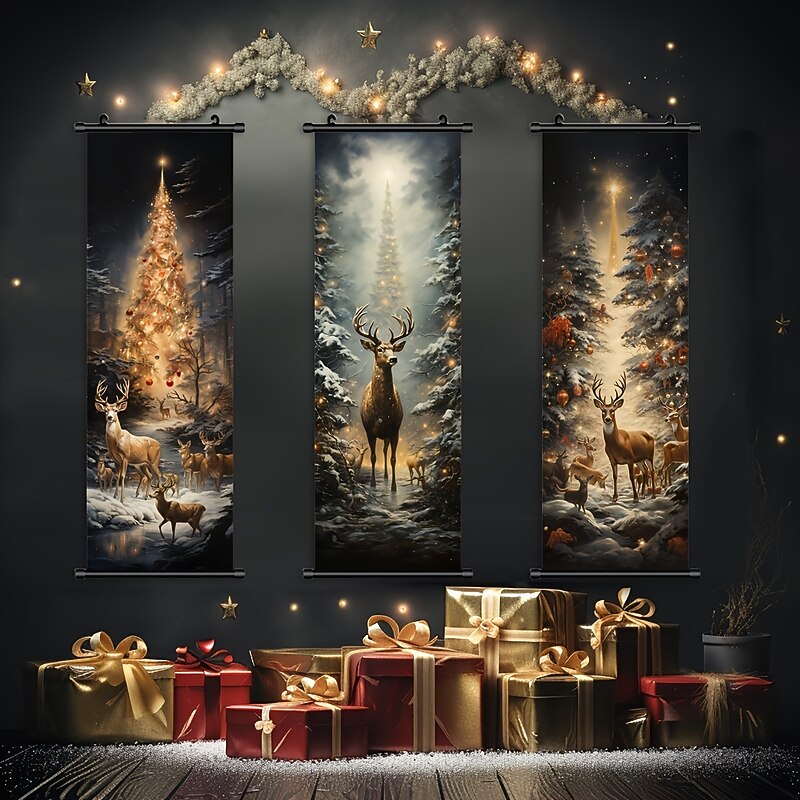 1pc Christmas Poster with Hangers Courtyard Christmas Deer And Colorful Christmas Tree Wall Art Canvas Posters Art For Home Living Room Decoration Wall Art Decor4