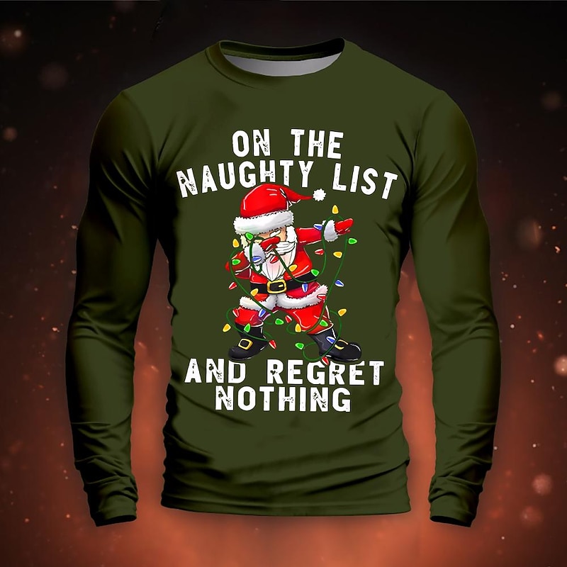Christmas Men's Santa Claus Text Character & Slogan T Shirt Funny T Shirts Long Sleeve T shirt 3D Print Crew Neck Shirt Daily Outdoor Casual Party Casual Holiday Black Blue Green Spring &  Fall2