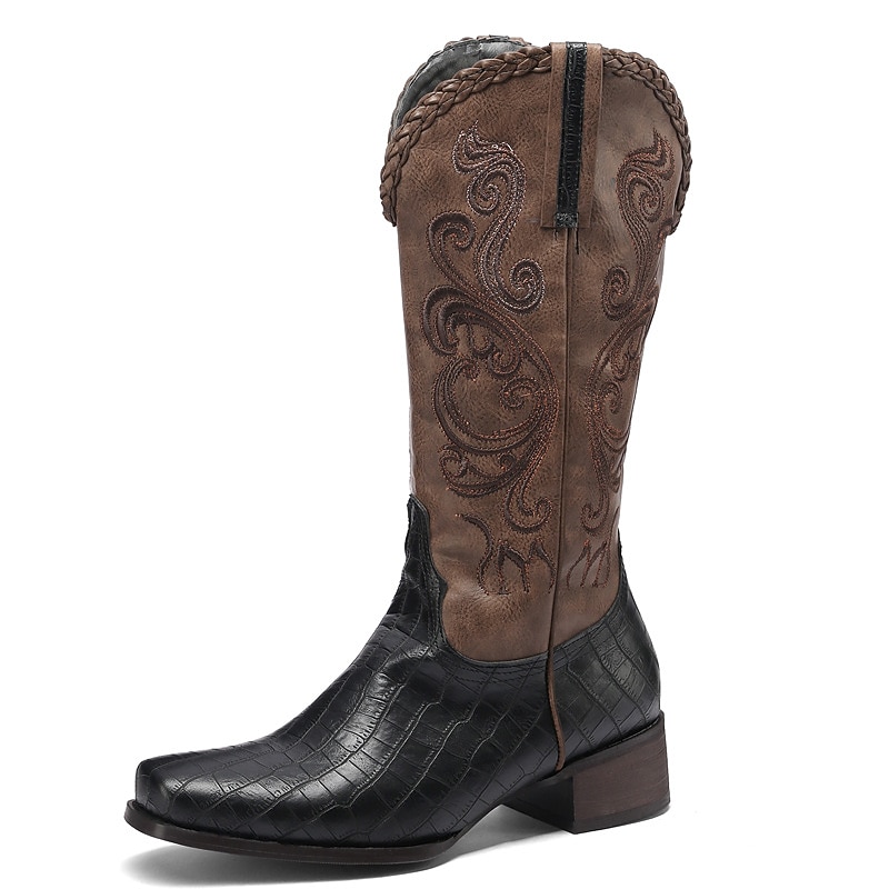 Men's Western Cowboy Boots – Brown Faux Leather with Embroidered Patterns and Crocodile Texture for Vintage Style 9