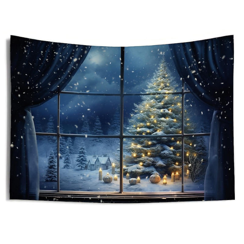 Christmas Decorations Christmas Tree Winter Hanging Tapestry Wall Art Xmas Large Tapestry Mural Decor Photograph Backdrop Blanket Curtain Home Bedroom Living Room Decoration Snow Window View 9