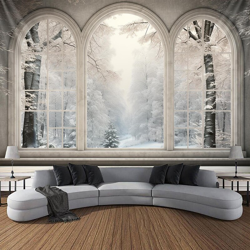 Winter Snow Window Hanging Tapestry Wall Art Large Tapestry Mural Decor Photograph Backdrop Blanket Curtain Home Bedroom Living Room Decoration2