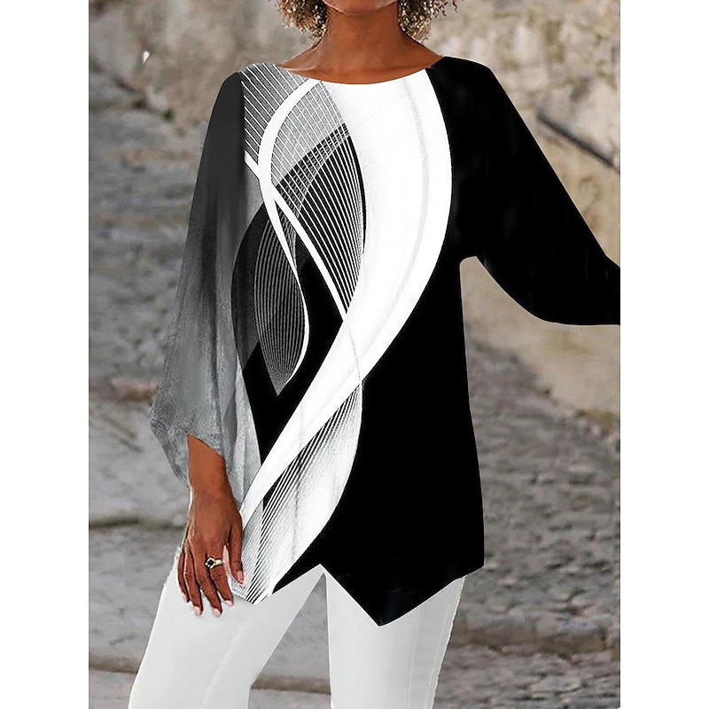 Women's Blouse Long Sleeve Asymmetrical Hem Chiffon Basic Butterfly Print Regular Tops Round Neck Casual White Gray Spring Fall4