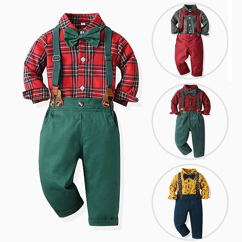 2 Pieces Ring Bearer Suit Boys Kids Christmas Sets Shirt & Pants Clothing Set School Anniversary Fashion Daily Plaid Buttons Pocket Yellow Wine Army Green Cotton