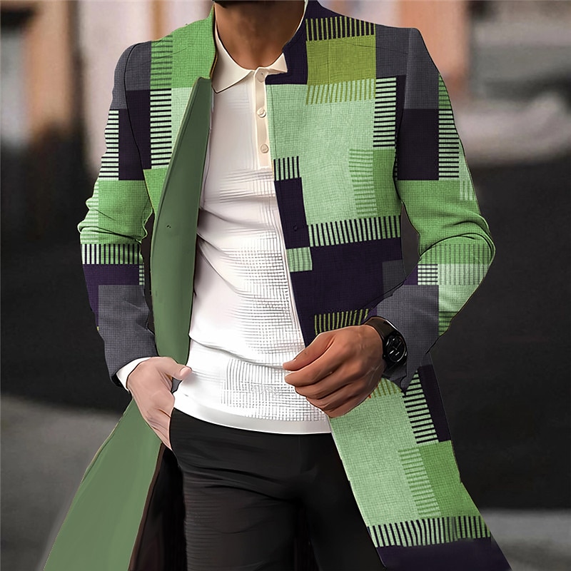 Men's Plaid / Check Graphic Prints Geometry Winter Coat Overcoat Coat Warm Comfortable Breathable Fashion Streetwear Business Work Wear to work Going out Pocket Print Fall & Winter Turndown Long3