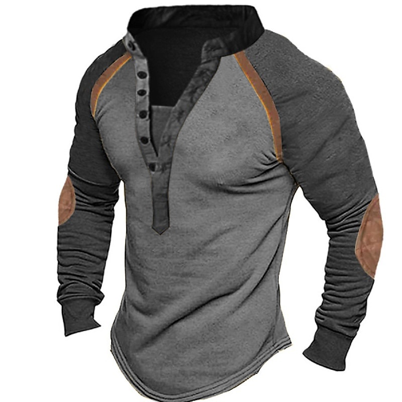 Men's Button T Shirt T Shirt Henley Shirt Tee Top Long Sleeve Henley Spring &  Fall Color Block Fashion Designer Basic Patchwork Vacation Street Going out Green Khaki Gray Top Tee for Men3