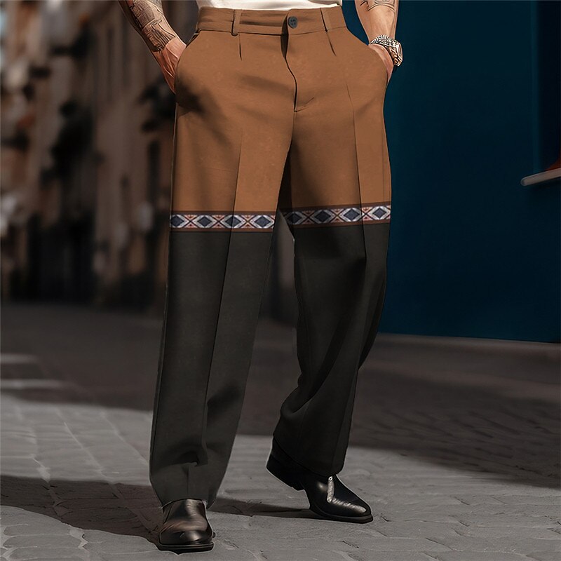 Color Block Geometry Vintage Business Men's 3D Print Pants Trousers Outdoor Street Wear to work Polyester Black Navy Blue Brown S M L High Elasticity Pants2