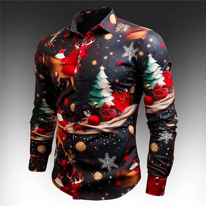 Christmas Men's Santa Claus Printed Shirts Santa Claus Tree Casual Daily Wear Going out Fall & Winter Turndown Long Sleeve Dark Red, Red, Burgundy S, M, L 4-Way Stretch Fabric Shirt4
