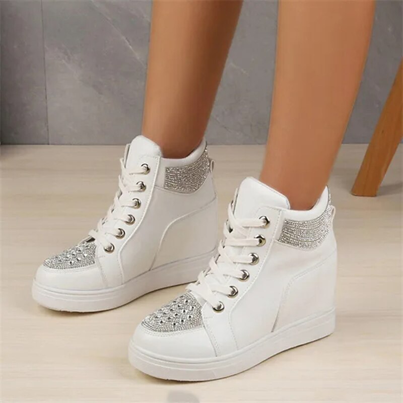 Women's White Rhinestone Wedge Sneakers – Faux Leather High Top Platform Shoes for Casual, Party & Streetwear Fashion3