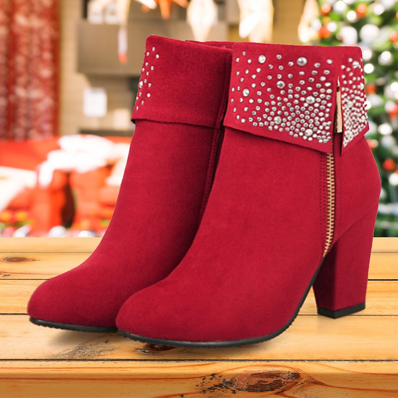 Women's Red Suede Ankle Boots with Rhinestone Embellishments and Block Heels – Festive Christmas Footwear for Parties and Holidays