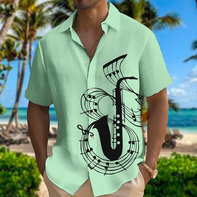 Men's Boardmasters Music Notes Shirt Summer Hawaiian Shirt Button Up Shirt Short Sleeves Fashion Designer Casual Outdoor Street Casual Summer Spring Turndown Print White Pink Blue Green4