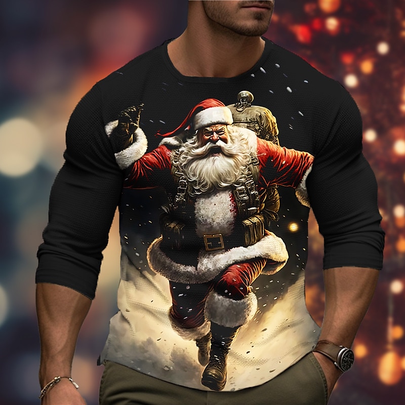 Christmas Men's Graphic Santa Claus T Shirt Long Sleeve T shirt 3D Print Crew Neck Shirt Fashion Designer Casual Sports Outdoor Holiday Going out Black Yellow Burgundy Spring &  Fall Clothing Apparel