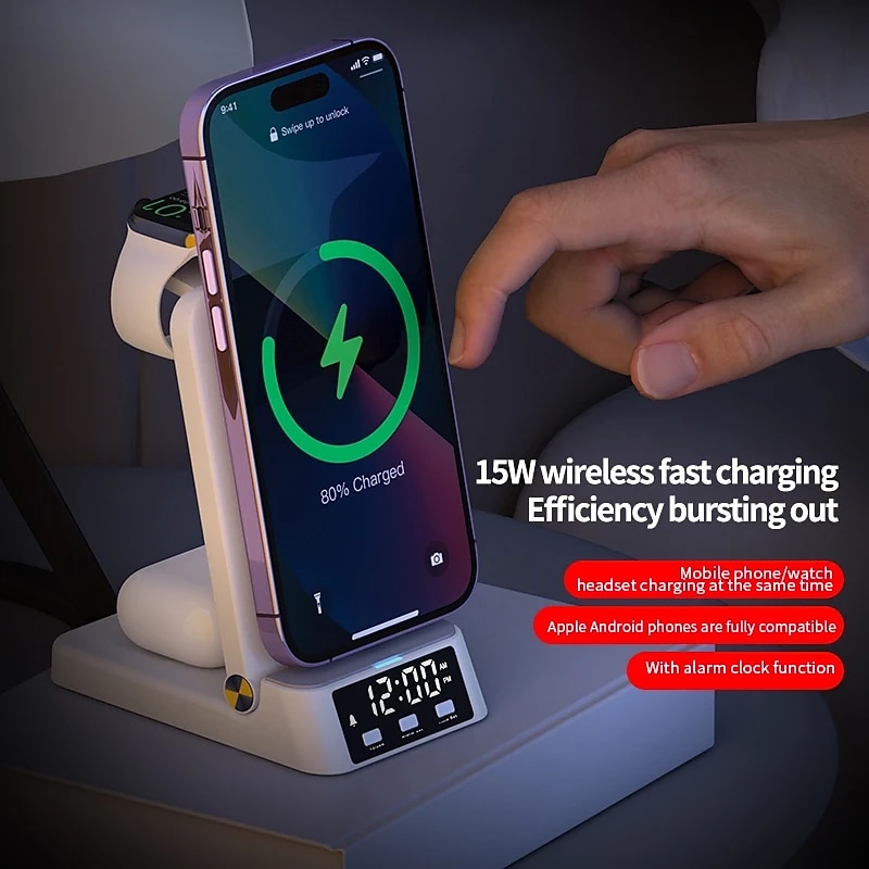 4 in 1 Alarm Clock Wireless Charging Station for Samsung Galaxy Watch 6/5/4 Active 2/1 Galaxy S23 Ultra/S22 Note 20 Buds Pro 23