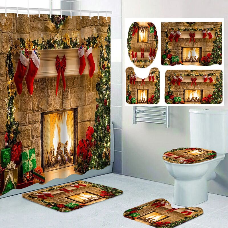 Christmas 4Pcs Shower Curtain Set Bathroom Sets Modern Home Bathroom Decor with Bath Mat U Shape and Toilet Lid Cover Mat and 12 Hooks