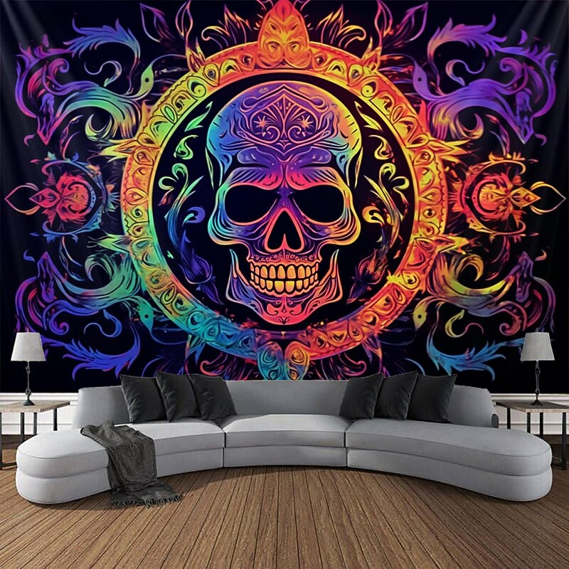 Halloween Blacklight Tapestry UV Reactive Glow in the Dark Glow Party Neon Skulls Totem Psychedelic Trippy Misty Hanging Tapestry Wall Art Mural for Living Room Bedroom4